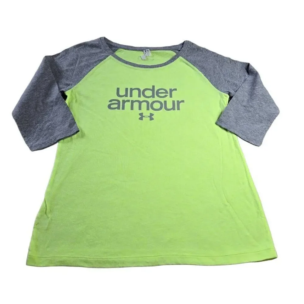 Under Armour Heat Gear Girls Youth 3/4 Sleeve Neon/Black T-Shirt Loose Sz. L